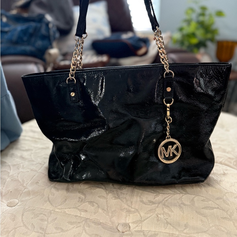 Michael Kors Black Patent Leather Tote with Gold Hardware